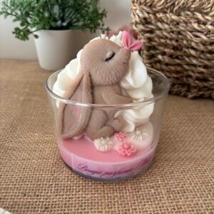 Bougie artisanale lapin rose et blanc – Bougie parfumée au musc